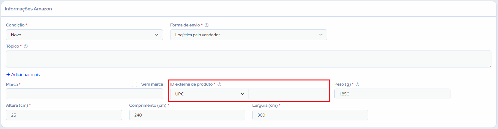Formulario informações amazon - Codigo de barras