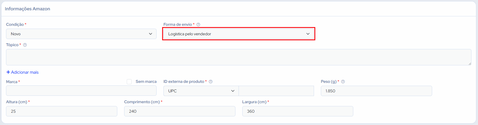 Formulario informações amazon - Forma de envio