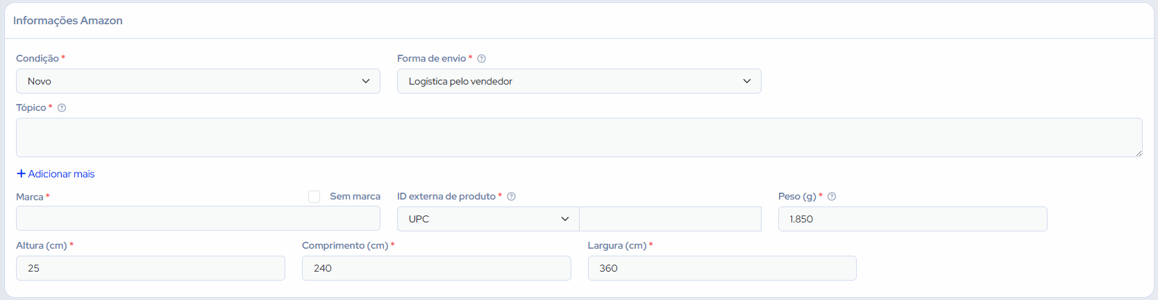 Formulario informações amazon