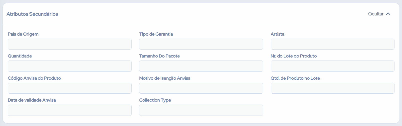 Bloco Atributos da Categoria exibindo campos opcionais disponíveis para a categoria selecionada