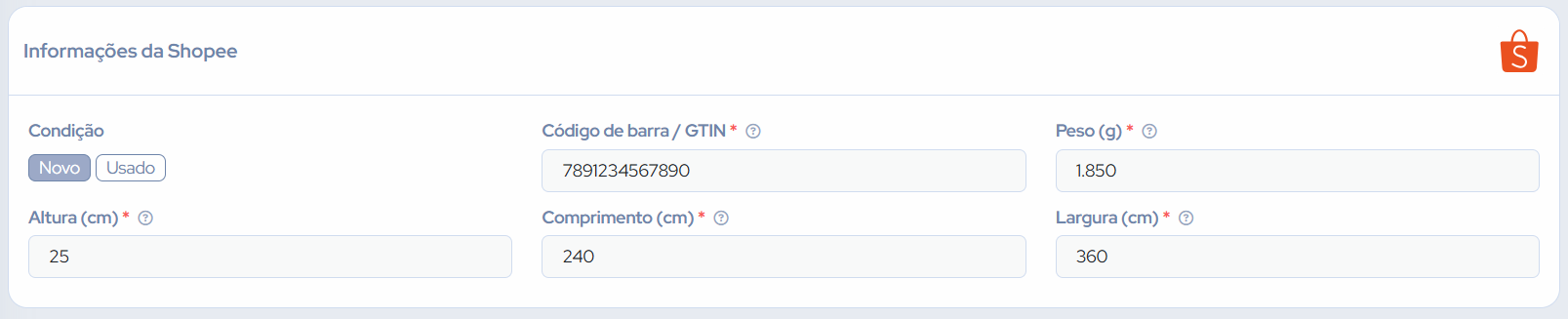 Bloco Informações da Shopee com os campos Condição e Código de barra / GTIN