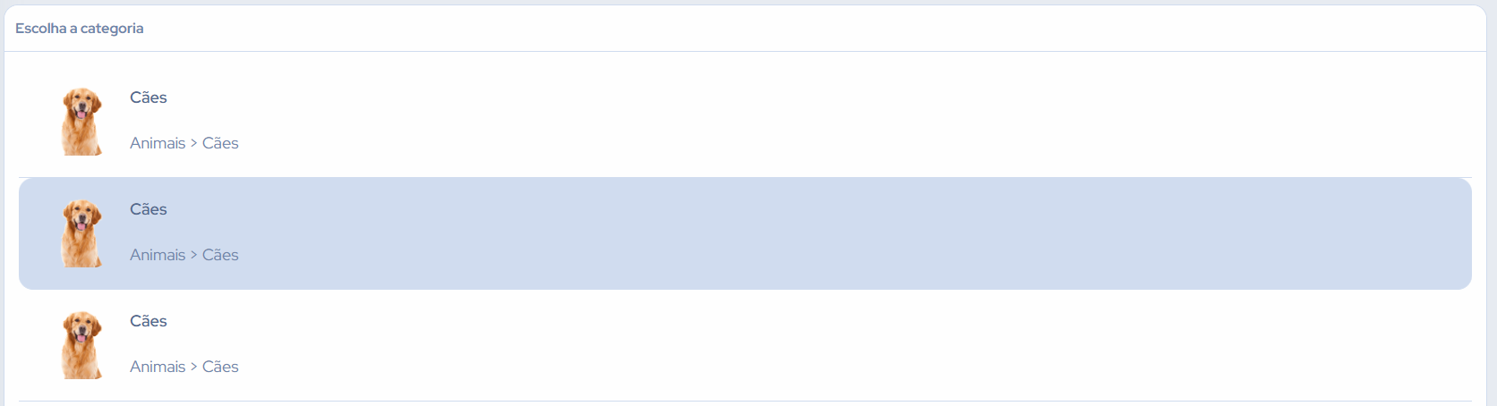 Bloco Escolha a categoria com lista de sugestões baseadas no título do produto