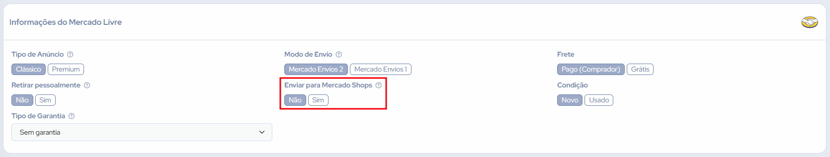 Opção Enviar para Mercado Shops disponível no formulário