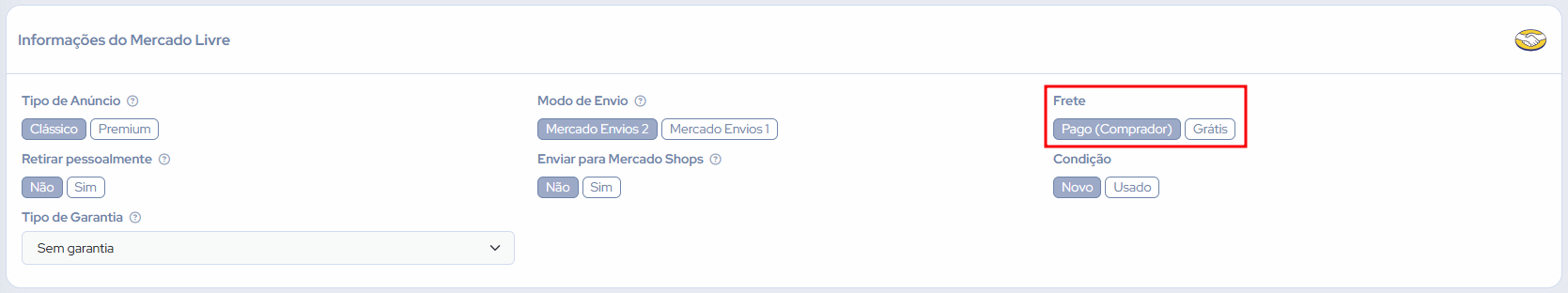Campo Frete com as opções Pago (Comprador) e Grátis