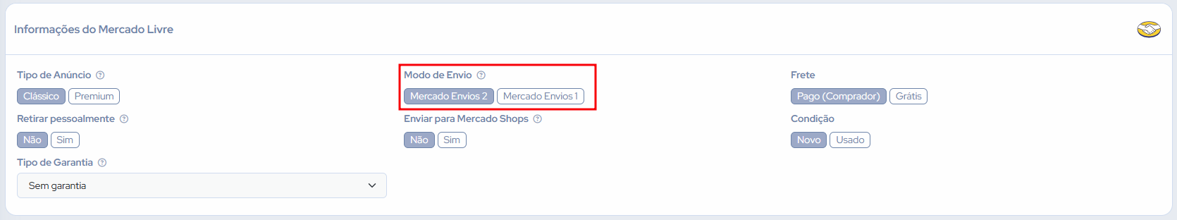 Campo Modo de Envio com as opções Mercado Envios 2 e Mercado Envios 1