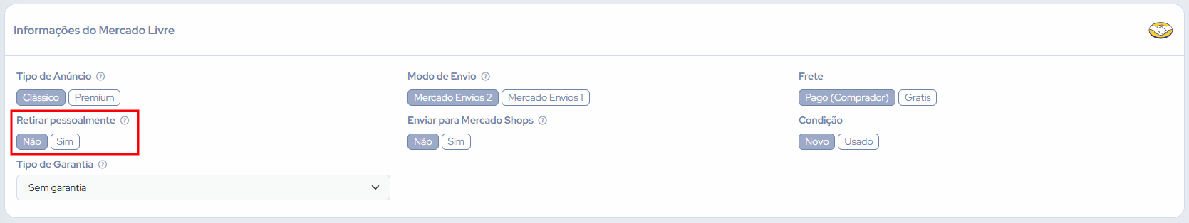 Opção Retirar pessoalmente disponível no formulário