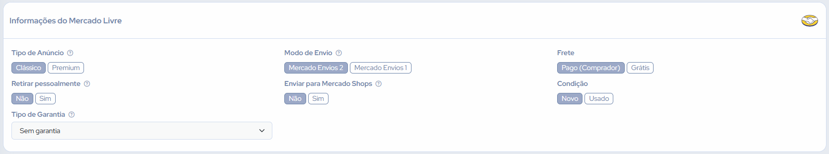 Bloco Informações do Mercado Livre com todos os campos de configuração visíveis