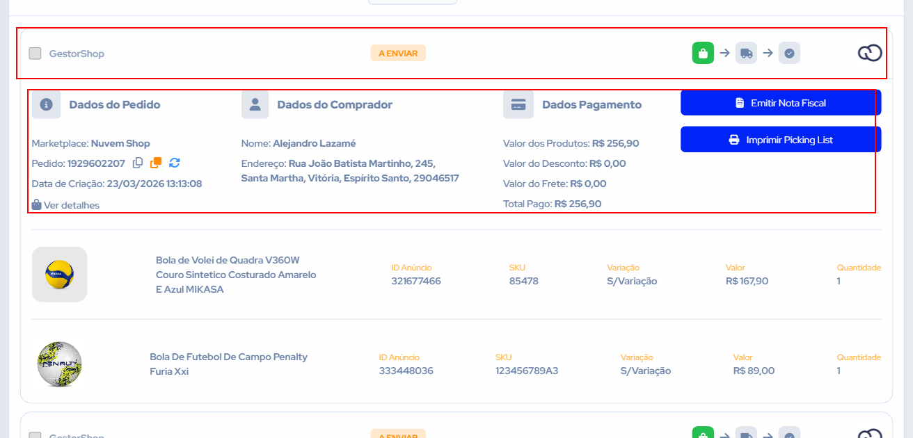 Card de pedido com cabeçalho de status e bloco de dados do pedido, comprador e pagamento