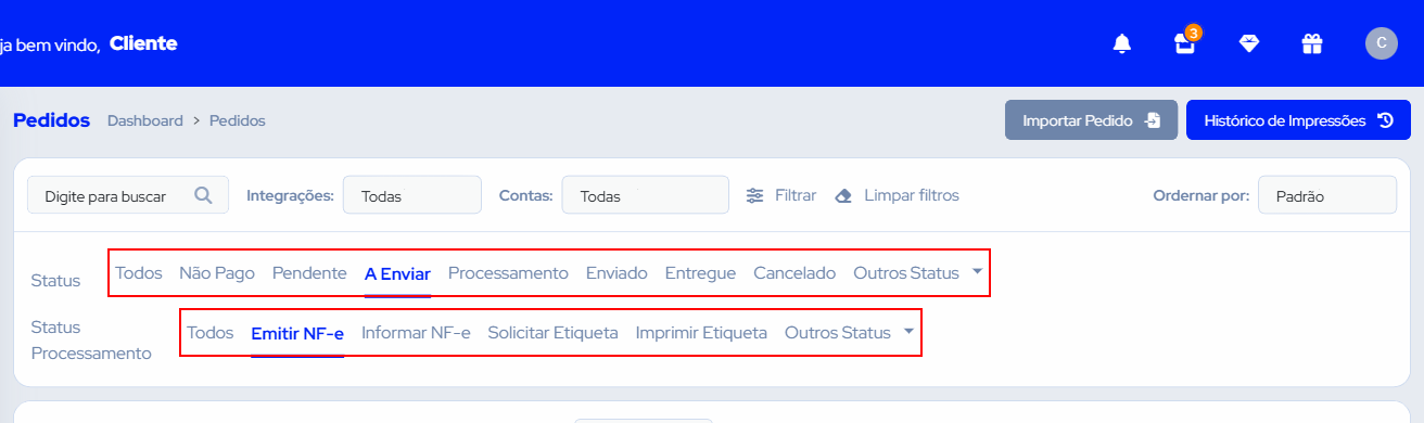 Barra de filtros com campos de busca, integrações, contas e ordenação