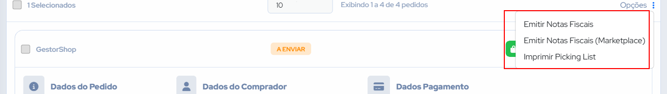 Menu Opções aberto exibindo as ações disponíveis para os pedidos selecionados