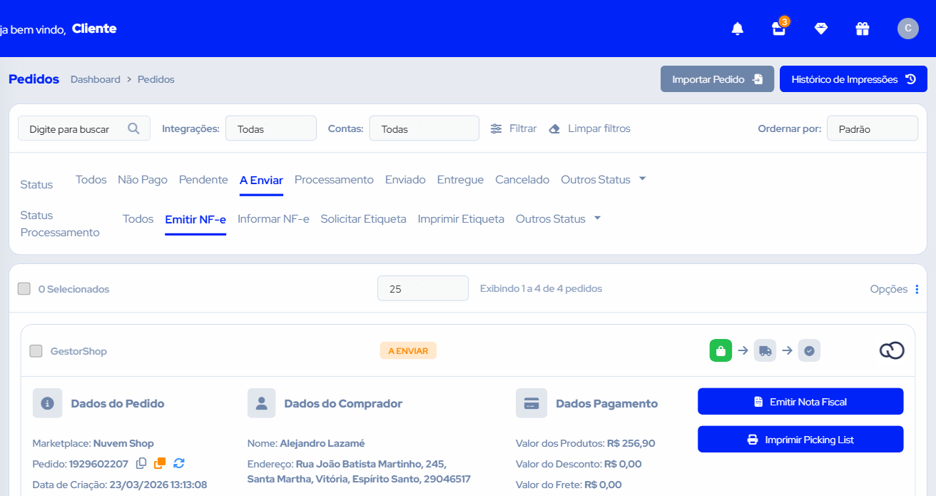 Visão geral da tela de Pedidos com filtros, abas de status e listagem de pedidos
